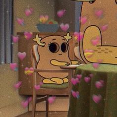 a cartoon character sitting at a table with hearts flying around