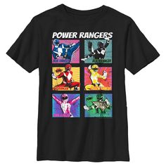 a black t - shirt with the power rangers on it's chest and four different images