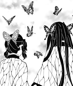 two girls with butterflies on their backs facing each other