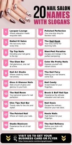 Searching for the perfect name and slogan for your nail salon? Get inspired by these 20 creative ideas! ✨ Stand out from the competition with a catchy name and memorable tagline for your nail business. 💅 From elegant to playful, find the ideal name and slogan to capture the essence of your nail salon. 💖 Branding your nail business starts with a great name and slogan. Get inspired and start brainstorming! 💡 Nail Salon Branding, Nail Salon Names, Nail Tech Quotes, Store Names Ideas, Salon Names Ideas, Business Nails, Nail Business, Nail Store, Nail Salon Decor