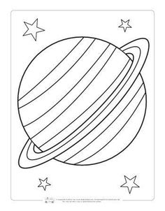 a black and white drawing of saturn with stars on the side, in front of it