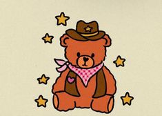 a drawing of a teddy bear wearing a cowboy hat and scarf with stars around it