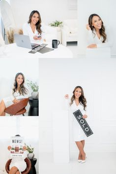 a woman holding a sign and posing for pictures in her office with other photos behind her