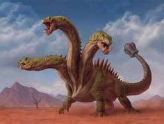 an artist's rendering of two dinosaurs in the desert