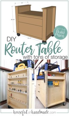 the diy router table with tons of storage is shown in two different views