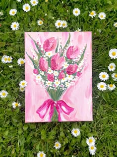 a painting of pink tulips and white daisies