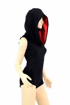 "This item is made to order, please read all the way through the listing before purchasing! This suit is made of a soft, super stretchy lycra knit fabric. Sleeveless, full hood, and boy cut legs. Four way stretch for a figure forming fit. This bodysuit is unlined. The hood is lined in RED sparkly metallic. Womens Sizing (See below for instructions on where measurements should be taken) XXS: Bust 29\"-30\" / Waist 22\"-23\" / Hips 30\"-32\" Extra Small: Bust 31\"-32\" / Waist 24\"-25\" / Hips 33\ Sporty Stretch Hooded Vest, Fitted Cotton Top With Adjustable Hood, Fitted Hooded Top With Adjustable Hood, Red Fitted Sporty Hoodie, Sporty Fitted Red Hoodie, Fitted Casual Hoodie For Cosplay, Fitted Black Hooded Vest, Casual Fitted Hoodie For Cosplay, Black Fitted Hooded Vest