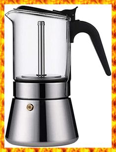 a stainless steel coffee maker with flames in the background and an orange frame around it