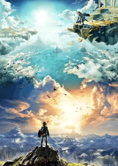 the legend of zelda is standing on top of a hill in front of clouds