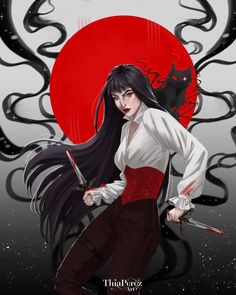 a woman with long black hair holding two swords in front of a red sun and demon