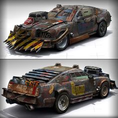 two pictures of an old car made out of junk