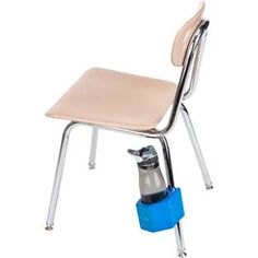 a school chair with a cup holder attached to the back and foot rests on it