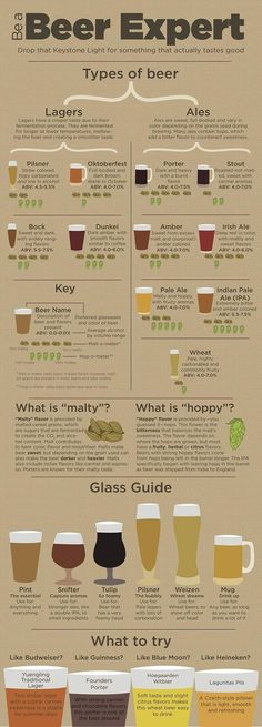 an info sheet with different types of beer in each glass and the text below it