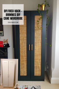 a black cabinet with bamboo doors in a living room