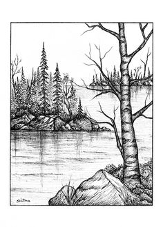 a black and white drawing of a lake with trees on the shore, surrounded by rocks