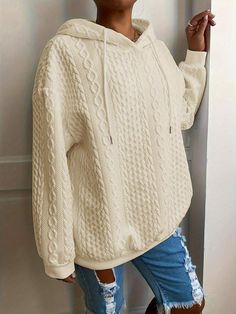 Style:Casual \nDetails:Drawstring \nNeckline:Hooded \nType:Pullovers \nSleeve Type:Drop Shoulder \nColor:Beige \nPattern Type:Plain \nSleeve Length:Long Sleeve \nLength:Regular \nFit Type:Regular Fit \nFabric:Slight Stretch \nMaterial:Knitted Fabric \nComposition:95% Polyester \nComposition:5% Elastane \nCare Instructions:Machine wash or professional dry clean \nSheer:No \n Apricot Sweater, Stylish Plus, Plus Size Kleidung, Plus Size Casual, Sweater Coats, Long Sleeve Sweatshirts, Plus Clothing, Long Sleeve Sweater, Casual Style