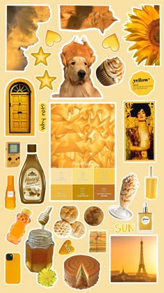 an assortment of stickers and pictures on a yellow background with the eiffel tower in the distance