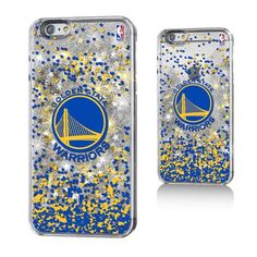 the golden state warriors iphone case with blue and gold speckles on white background