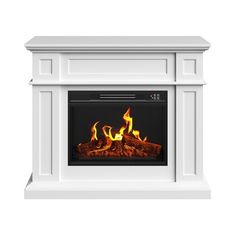 a white fireplace with flames on it