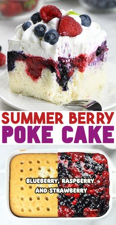 A delicious slice of Summer Berry Poke Cake topped with fresh blueberries and raspberries, and whipped cream. The cake shows vibrant layers of berry filling inside. Strawberry Blueberry Cake, Berry Poke Cake, Picnic Desserts, Berries And Cream, Berry Sauce, Poke Cake Recipes, Berry Cake, Poke Cakes, Summer Cakes