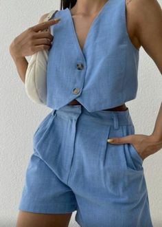 Korean Summer, Linen Fashion, Elegante Casual, Outfits Black, Looks Chic, Trend Fashion, Summer Fashion Outfits, Outfits Casual, Blue Top