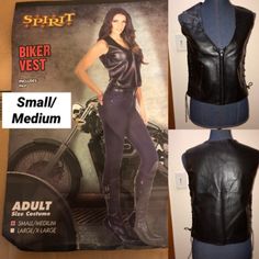 the leather vest is being displayed in front of an advertisement for biker vests, which are