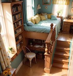 a bedroom with stairs leading up to the bed