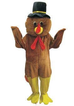 a man in a turkey costume standing with his arms out and legs crossed, wearing a top hat