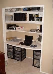 a computer desk sitting on top of a white shelf