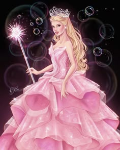 a painting of a girl in a pink dress holding a wand with bubbles around her