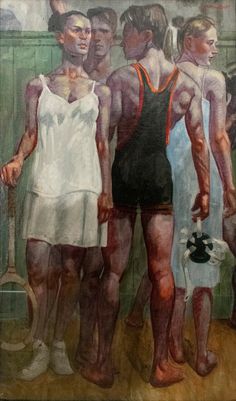 a painting of three people standing next to each other