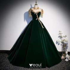 Dark Green Ball Gown, Dark Green Prom Dress, High Neck Evening Dress, Graduation Dresses Long, Green Ball Gown, Fantasy Dresses, Fantasy Gowns, Green Prom Dress