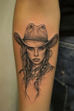 Tattoo of a woman with braided hair wearing a cowboy hat on a person's forearm. Cowboy Portrait Tattoo, Western Tooled Tattoo, Farrier Tattoos, Cowboys And Angels Tattoo, Cowgirl Riding Horse Tattoo, Outlaw Women Tattoo, Country Sleeve Tattoos For Women, Bull Rider Tattoo, Southern Tattoos For Women