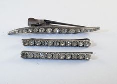 "For sale is a lot of 3vintage hair pins. The pins are silver toned metal with clear rhinestones decorating the top. Great for weddings, special occasions, or any time! A beautiful hair piece to compliment that special hair style.  The bobby pins measure 1 3/4\" the hair clip measures 2 1/2\".  New treasures added all the time. Check back often!" Vintage Hair Pins, Bobby Pin Hairstyles, Vintage Hair, Vintage Hairstyles, Hair Piece, Clear Rhinestones, Hair Clip, Beautiful Hair, Bobby Pins