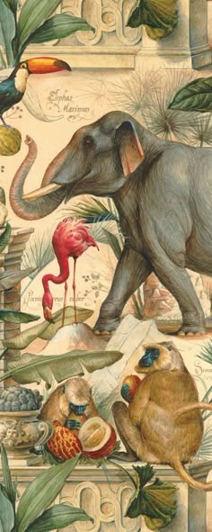 an elephant and other animals are depicted in this painting with tropical plants, birds, and flowers