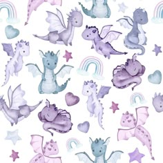 watercolor dragon and rainbows on white background with hearts, stars, and clouds