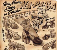 na-pa-ba 1940s Women, Cork Shoes, Vintage Corner, Cheap Boutique Clothing, Shoes Ads, Platform Shoe, Cork Wedges, Magazine Illustration, Retro Advertising