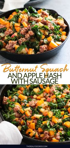 two images show different types of food in the same pan and one has spinach, squash, and apple hash with sausage