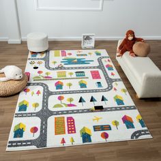 a child's play area with toys and rugs