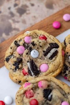 chocolate chip cookies with m & m candy on top