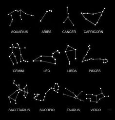 zodiac signs and their names in white on a black background, with the stars above them