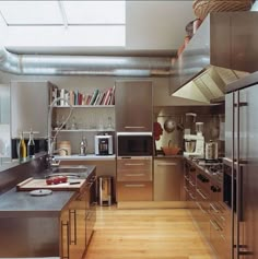 an industrial style kitchen with stainless steel appliances