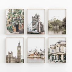 four photographs of london with the tower bridge and big ben in the background, hanging on a wall