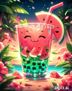 a glass filled with watermelon and topped with a slice of watermelon