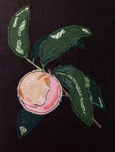 an embroidered peach on a black background with green leafy stems and pink fruit in the center