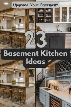 an image of basement kitchen ideas with text overlaying the top and bottom photo