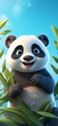 a panda bear sitting on top of a lush green tree next to bamboo leaves and blue sky