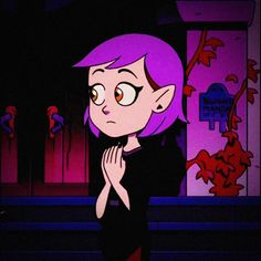 an animated cartoon character with purple hair and eyes, standing in front of a stage