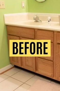 a bathroom with green walls and white counter tops that has the words before written on it