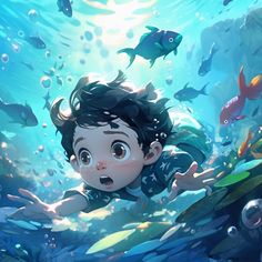 a young boy swimming in the ocean surrounded by fishes and fish, looking up at him